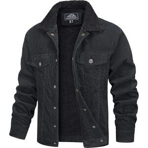 Mens Dark Grey Corduroy Jacket Sherpa Lined Warm Winter Trucker Cargo Coat